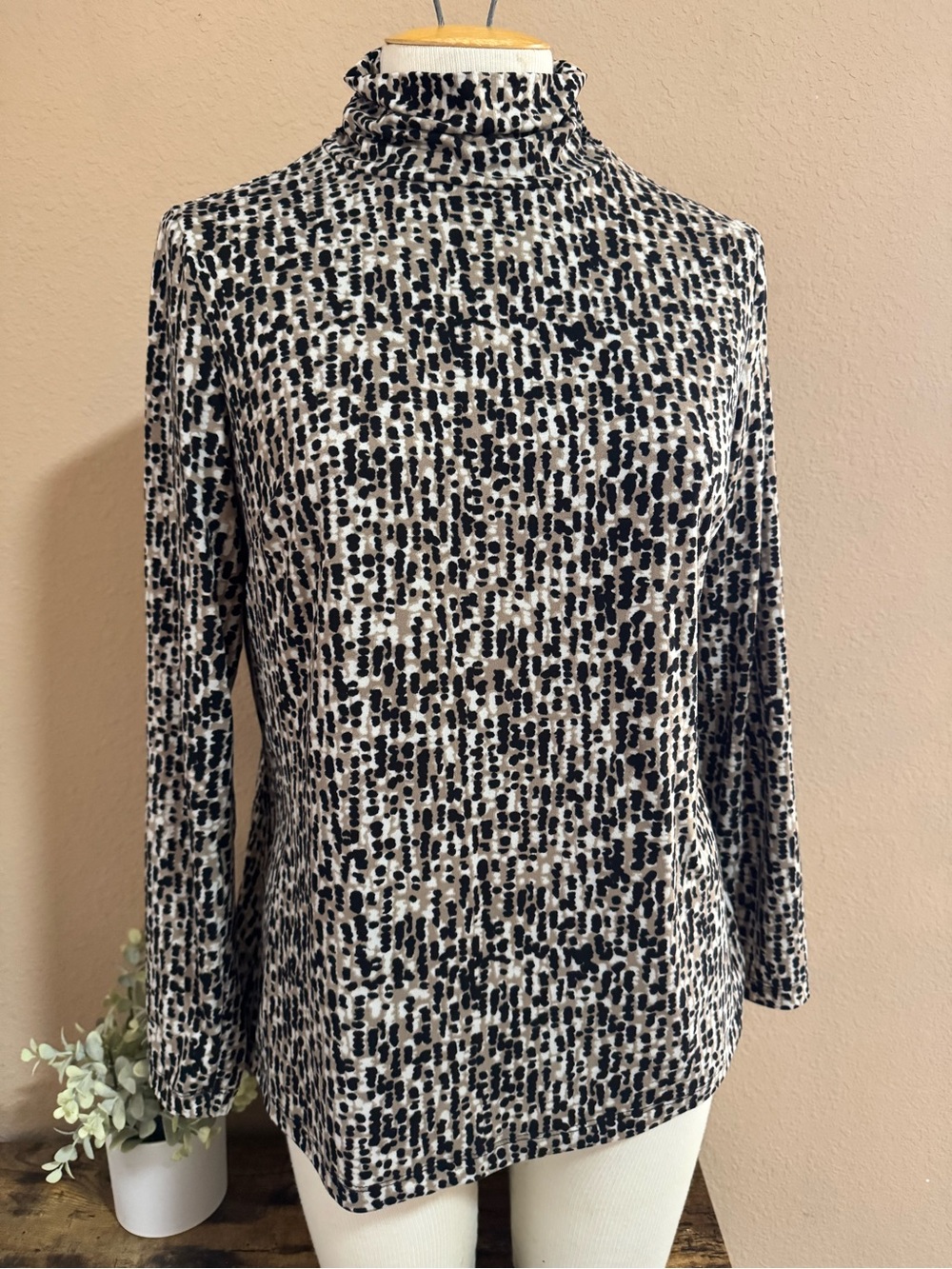 Susan Graver Black and White Printed Mock Neck Long Sleeve Top QVC